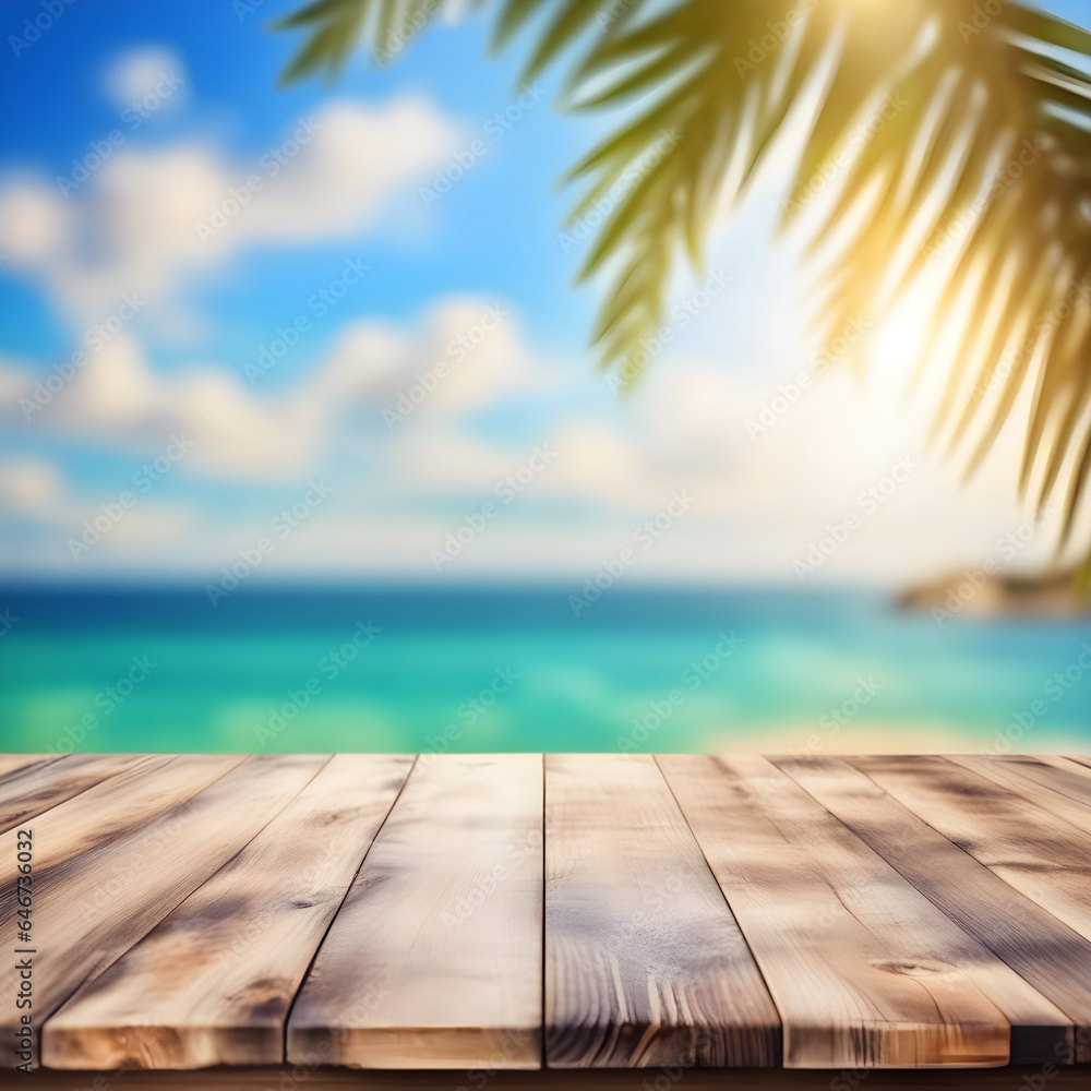 Empty wooden table, blurred summer sea background with copy space for your product