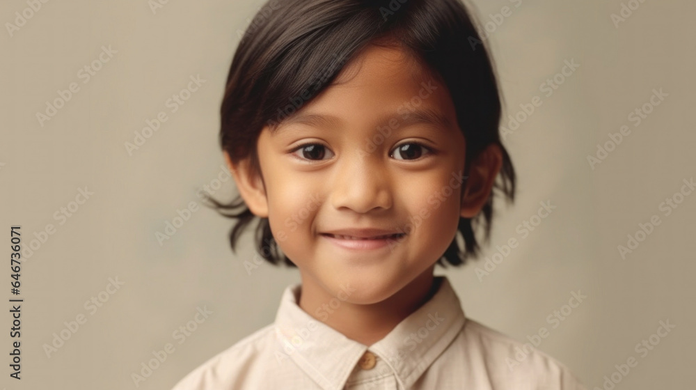 Happy little boy wearing neutral clothes against beige backdrop. Generative AI Happy little boy wearing neutral clothes against beige backdrop. Generative AI