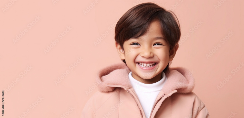 Happy little boy in beige studio setting wearing neutral attire. Generative AI Happy little boy in beige studio setting wearing neutral attire. Generative AI