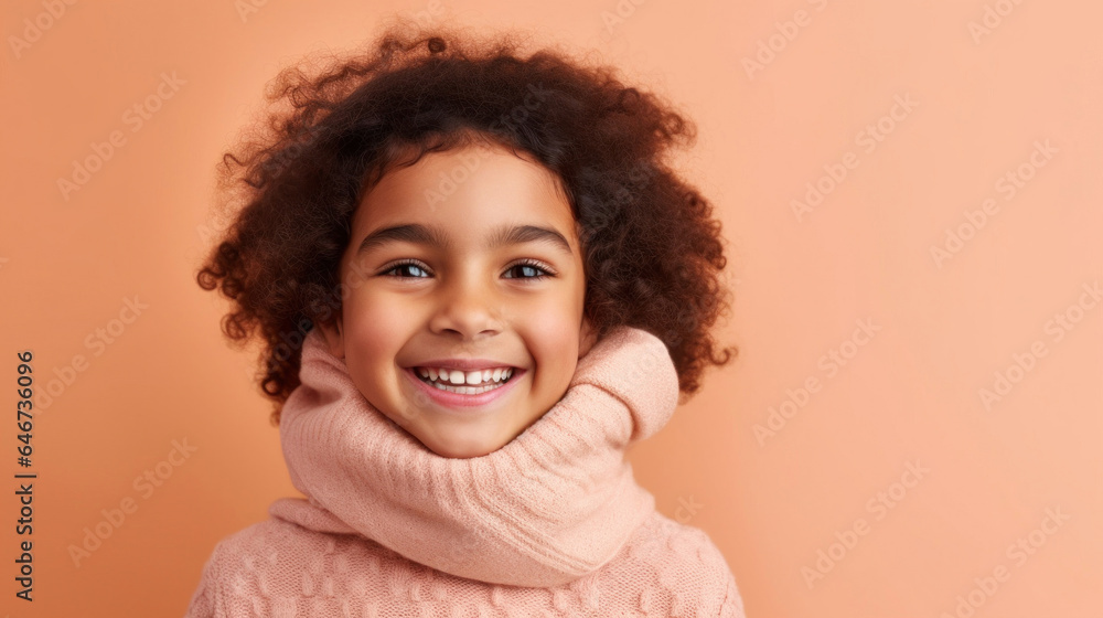 Happy little boy in beige studio setting wearing neutral attire. Generative AI Happy little boy in beige studio setting wearing neutral attire. Generative AI