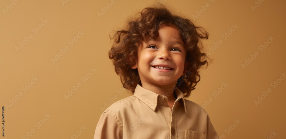 Smiling child in neutral clothing against beige studio backdrop. Generative AI Smiling child in neutral clothing against beige studio backdrop. Generative AI