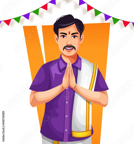 Hindu man in traditional Indian outfits praying on Diwali. Decorative background vector graphic photo
