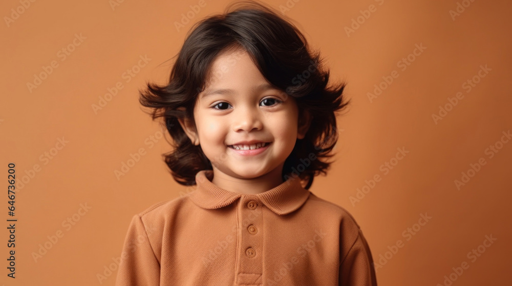 Little boy with a bright smile wearing neutral colors in a studio with a beige background. Generative AI