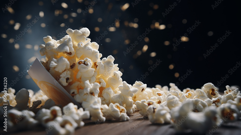 background hot popcorn theme cinema, view in the cinema hall, cinematic lighting background hot popcorn theme cinema, view in the cinema hall, cinematic lighting