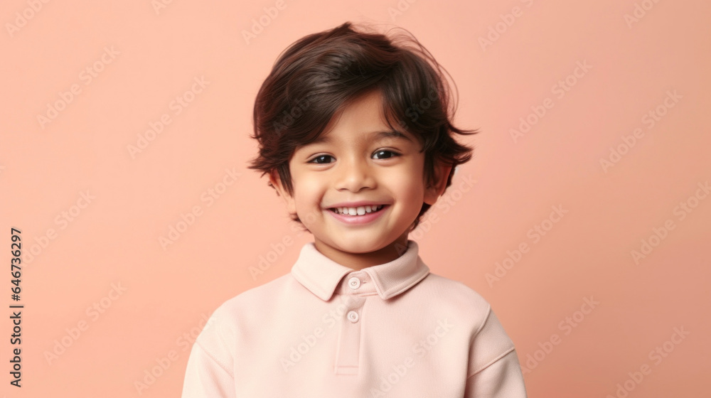 Smiling boy in earth-toned clothes, posing against a beige studio backdrop. Generative AI Smiling boy in earth-toned clothes, posing against a beige studio backdrop. Generative AI