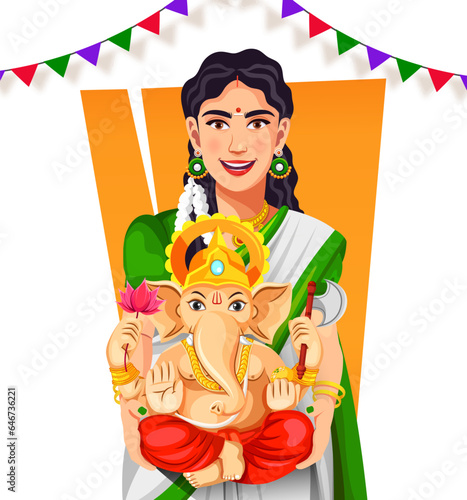 Cheerful Indian woman welcoming Lord Ganesha idol on Ganesh Chaturthi celebration