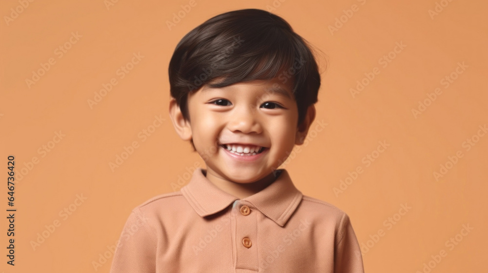 A joyful young boy in muted attire grinning on a beige studio backdrop. Generative AI A joyful young boy in muted attire grinning on a beige studio backdrop. Generative AI