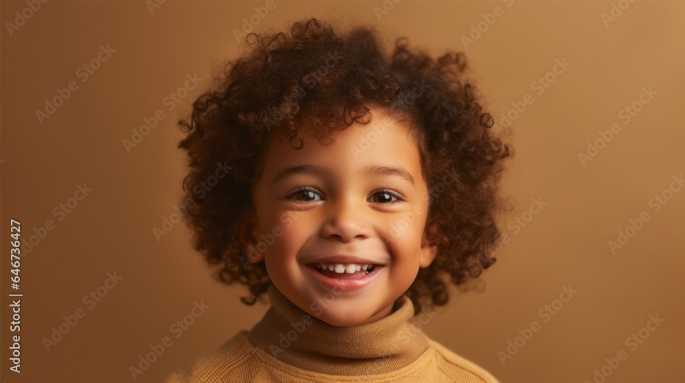 Joyful kid wearing neutral clothes on a beige studio background. Generative AI Joyful kid wearing neutral clothes on a beige studio background. Generative AI