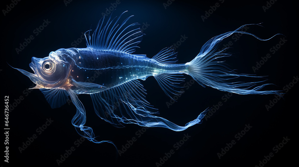 luminous fish transparent animal deep-sea creature fictional , light ocean depth, overlay layer isolated on black background - obrazy, fototapety, plakaty 