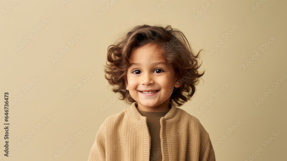Smiling young boy in neutral attire on beige studio backdrop. Generative AI Smiling young boy in neutral attire on beige studio backdrop. Generative AI