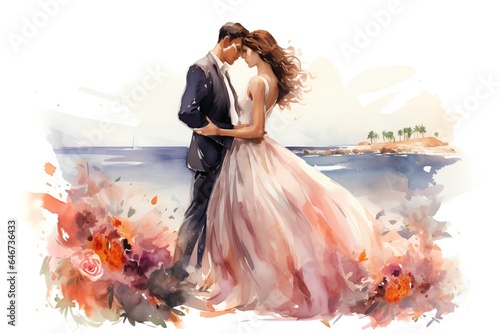 Watercolor illustration of a bride and groom on the background of the sea