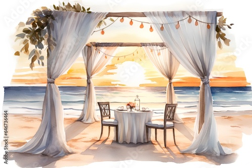 Wedding table on the beach at sunset. Watercolor illustration © hungryai