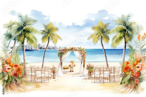 Tropical wedding ceremony on the beach. Watercolor illustration.