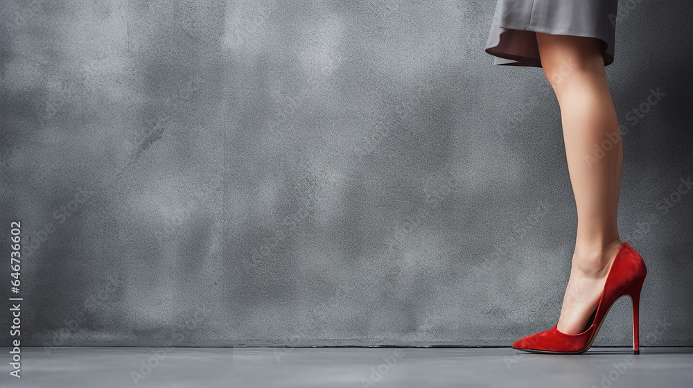 women's feet in red high-heeled shoes on a gray background - obrazy, fototapety, plakaty 