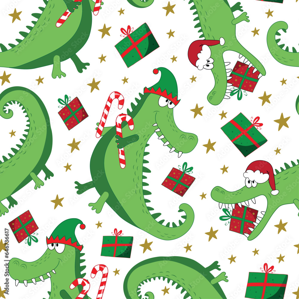 Fototapeta premium Chritmas alligator, crocodile seamless pattern. Cartoon funny alligator in Santa hat and with gift box and cany cane. Good for textile print, cover, wrapping and wallpaper design.