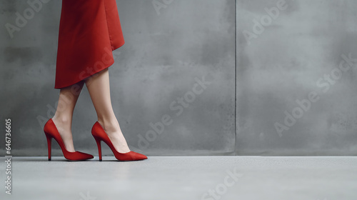 women's feet in red high-heeled shoes on a gray background