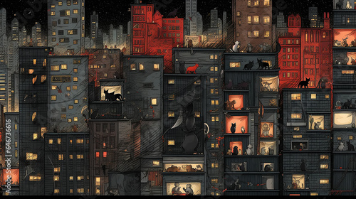 city of cats, burning windows of houses cartoon cats graphics, puzzle task