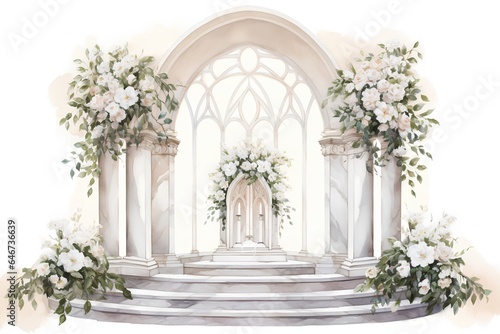 Wedding archway with white flowers. Watercolor illustration. photo