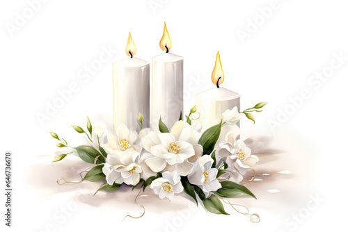 Candles with white flowers. Watercolor illustration isolated on white background