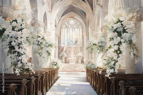Wedding church interior with white flowers. 3D rendering. photo