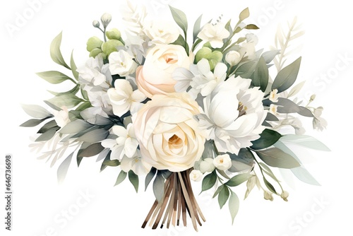 Beautiful vector watercolor wedding bouquet with white roses and eucalyptus