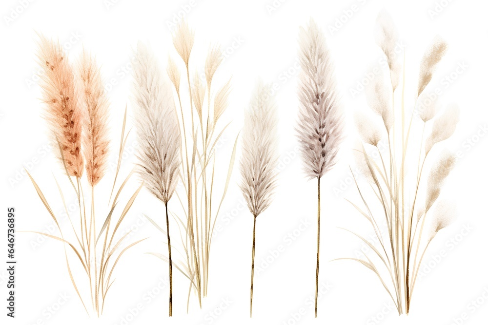 Set of dry grasses isolated on white background. Vector illustration.
