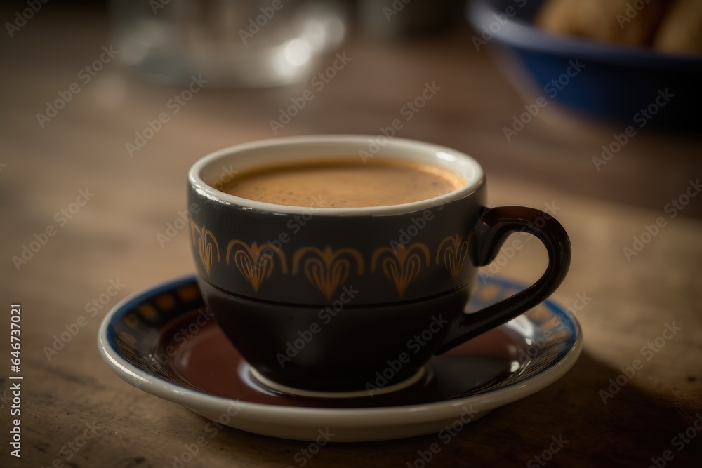 A cup of coffee is on the table. Beautiful crockery mug and saucer. Generative Ai A cup of coffee is on the table. Beautiful crockery mug and saucer. Generative Ai