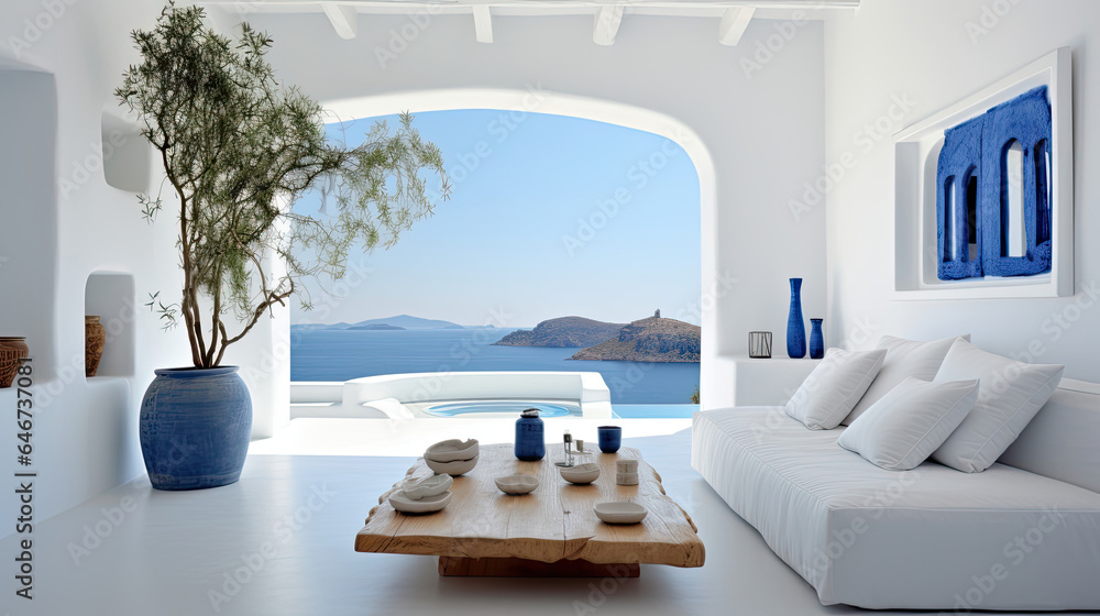 Greek style  living room with sea view - obrazy, fototapety, plakaty 