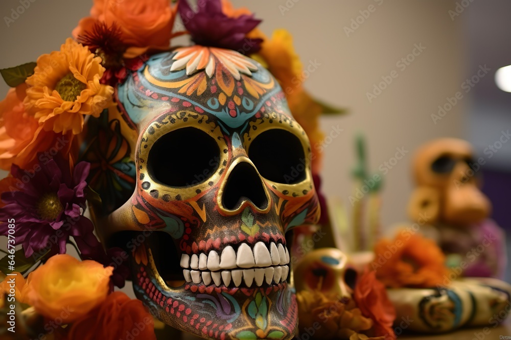 Dia de los Muertos Day of the Dead concept Mexican skull with flowers Dia de los Muertos Day of the Dead concept Mexican skull with flowers