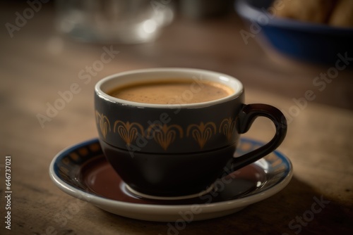 A cup of coffee is on the table. Beautiful crockery mug and saucer. Generative Ai