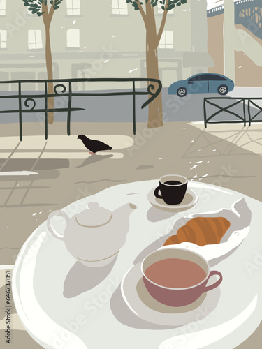 Cafe table city street. French breakfast outdoor. Espresso, teapot of hot tea, croissant. Coffee cup in coffeehouse. City landscape, building, car, pigeon. Morning food and drink vector illustration