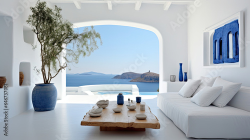 Fototapeta Naklejka Na Ścianę i Meble -  Greek style  living room with sea view