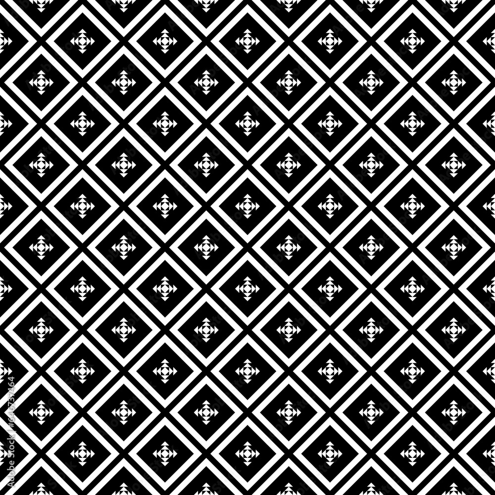 Repeated black figures and lines on white background. Ethnic wallpaper. Seamless surface pattern design with diamonds ornament. Rhombuses motif. Digital paper for textile print, web designing. Vector