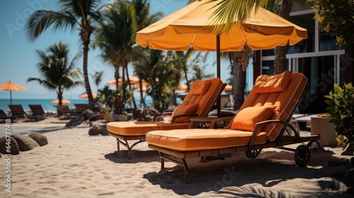 beautiful summer, lounge chairs, umbrellas under palm trees