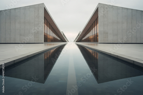 A symmetrical architectural shot of a modern building with a sleek and minimalist design