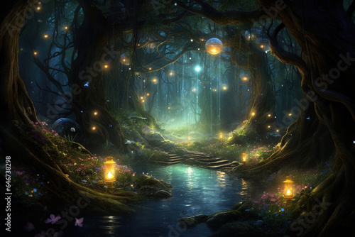 An enchanted forest scene with glowing, magical lights