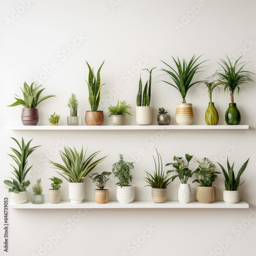 Collection of various houseplants displayed in ceramic pots with transparent background. Potted exotic house plants on white shelf against white wall. Home garden banner