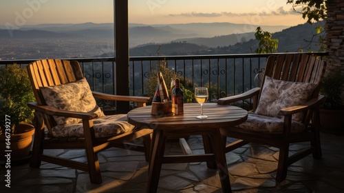 chairs and table near the window and see the mountain view in the rural villa in the morning sunrise