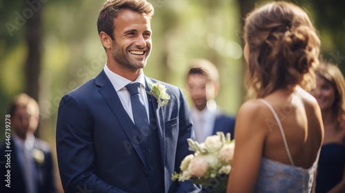 A candid summer wedding photo of the groom looking his bride, surrounded by nature, exudes his authentic happiness, capturing this milestone moment