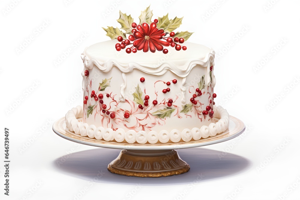 Christmas cake with berries and holly on a white background. 3d rendering Christmas cake with berries and holly on a white background. 3d rendering