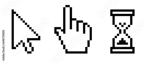 Pixel mouse cursor hand pointer and magnifying glass icon set. Clipart image isolated on white background