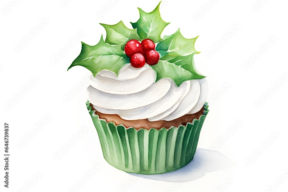 Watercolor Christmas cupcake with holly leaves and berries. Hand drawn illustration Watercolor Christmas cupcake with holly leaves and berries. Hand drawn illustration