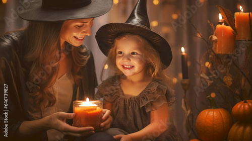 Mom and daughter in witch hats in dark room with candles. Halloween decoration. Mysterious background, capturing the thrill of Halloween night. Banner.
