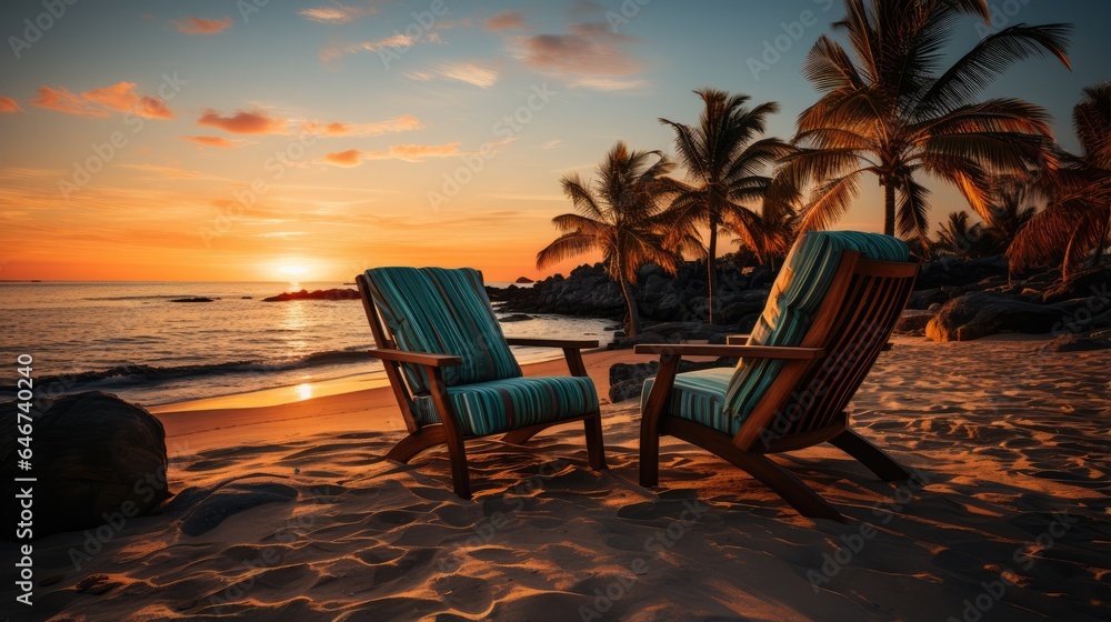 Chairs And Umbrellas Under palm trees, sunset