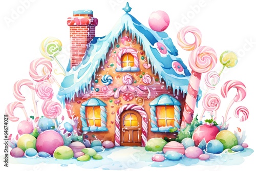 Cute gingerbread house decorated with snow and colorful candies. Watercolor illustration.