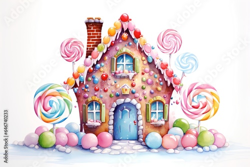 Cute gingerbread house with colorful candies and lollipops