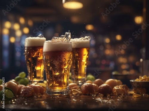 Glass of beers on the Ice's table with Drinks -AI Images