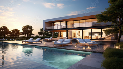 Contemporary villa with a stylish pool and patio offers ultimate luxury living. © swissa