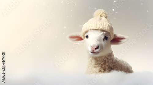 A cute little lamb lies on a white cloud dressed in a knitted hat.