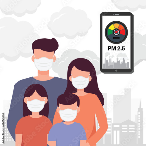 PM2.5 air pollution alert meter on smartphone. People wearing protective face masks protect  smoke on background.
